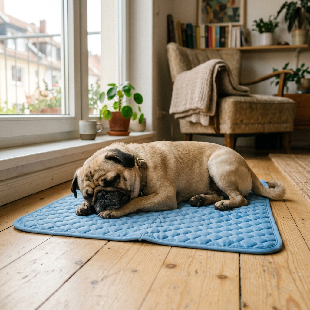 Hund liegt entspannt auf Kühlmatte ohne Gel