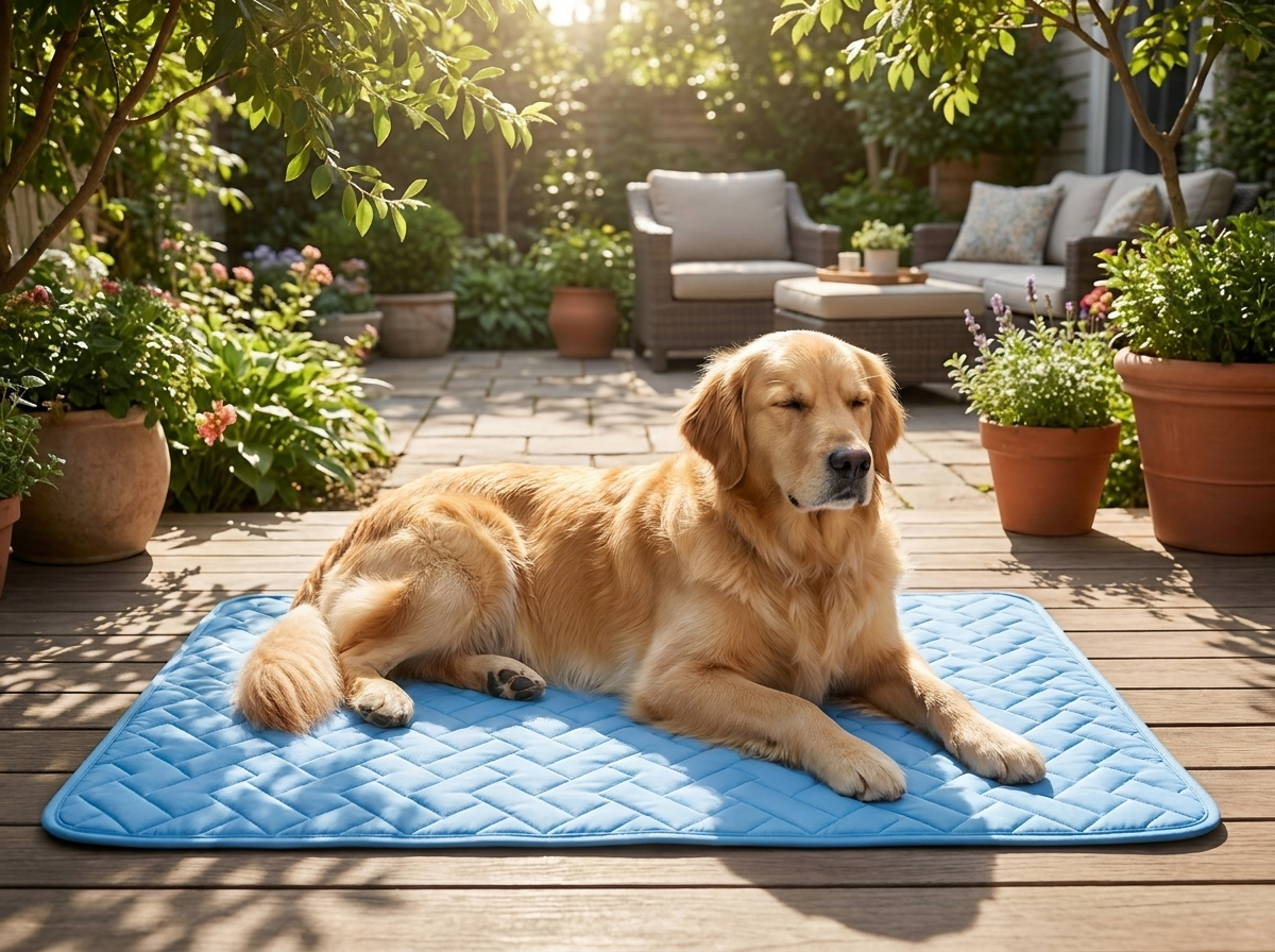 Hund entspannt auf der PFAC Kühlmatte im Garten